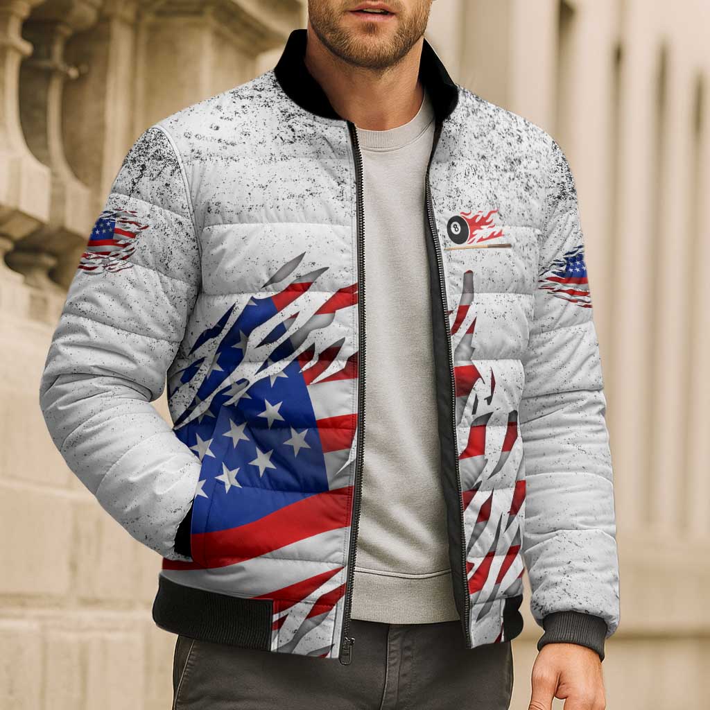 Custom American Flag Billiards Bomber Puffer Jacket with Ripped Design Pool Ball Graphic - Wonder Print Shop