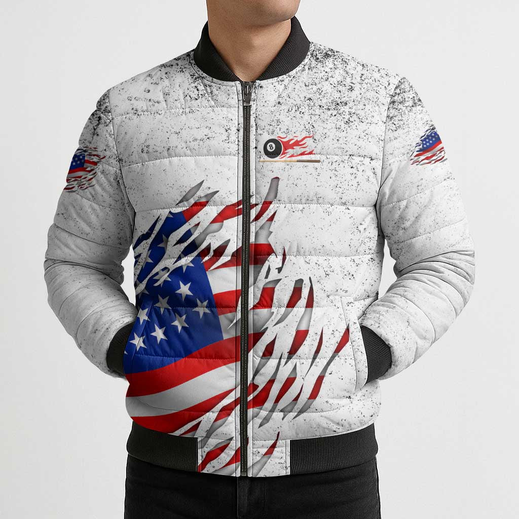 Custom American Flag Billiards Bomber Puffer Jacket with Ripped Design Pool Ball Graphic - Wonder Print Shop