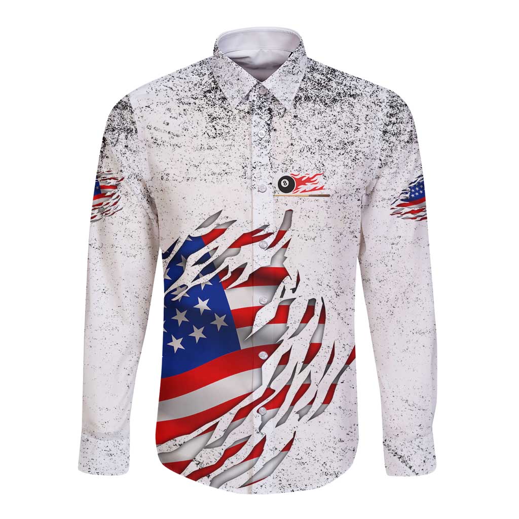 Custom American Flag Billiards Long Sleeve Button Shirt with Ripped Design Pool Ball Graphic - Wonder Print Shop