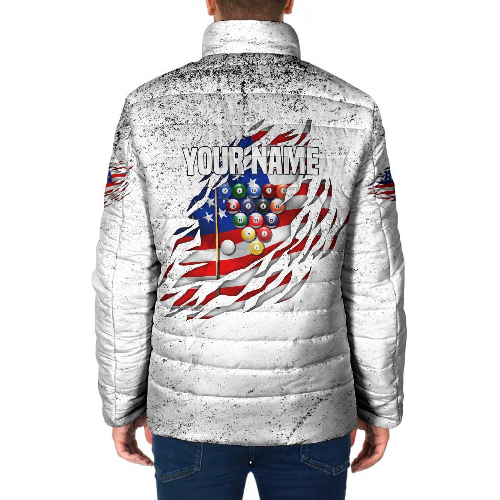 Custom American Flag Billiards Padded Jacket with Ripped Design Pool Ball Graphic - Wonder Print Shop