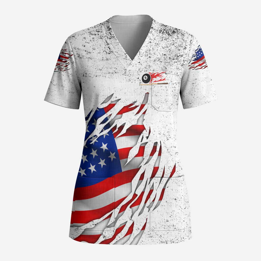 Custom American Flag Billiards Scrub Top with Ripped Design Pool Ball Graphic - Wonder Print Shop