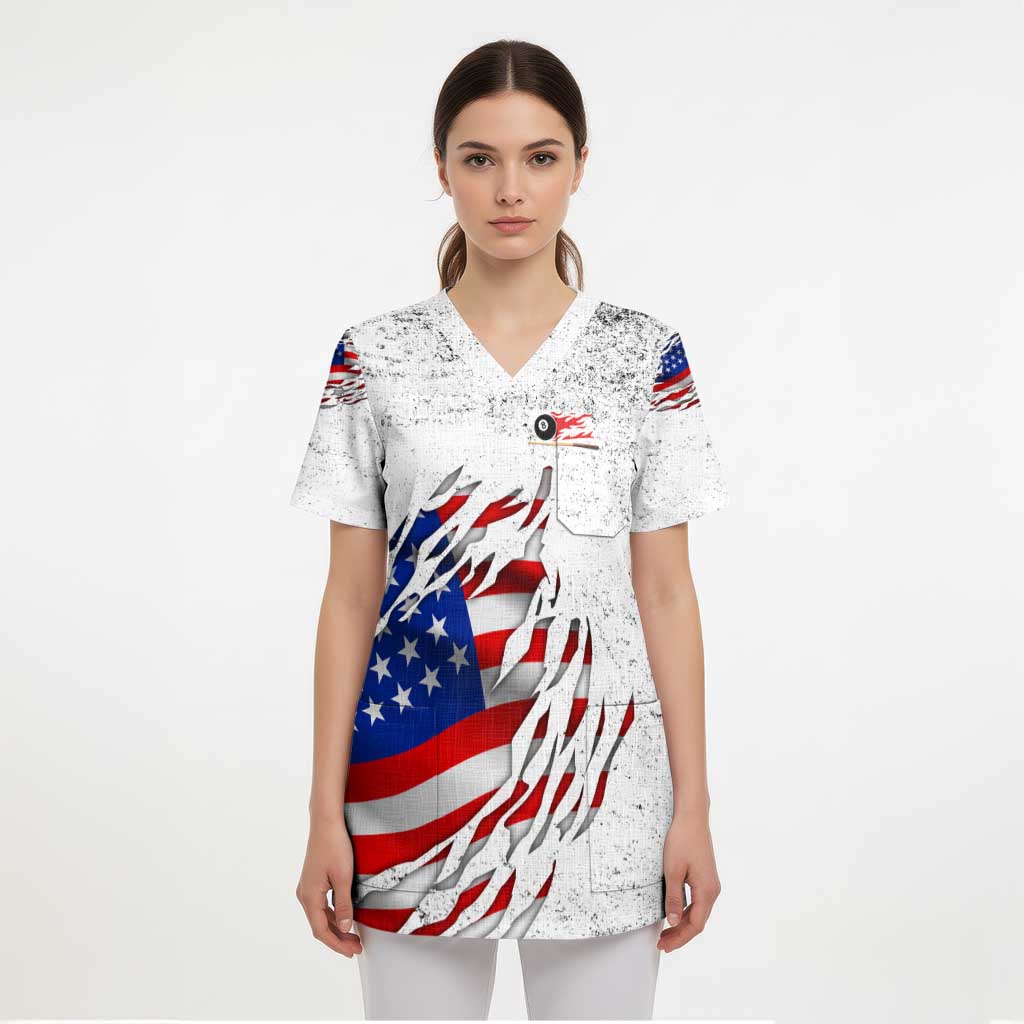 Custom American Flag Billiards Scrub Top with Ripped Design Pool Ball Graphic - Wonder Print Shop