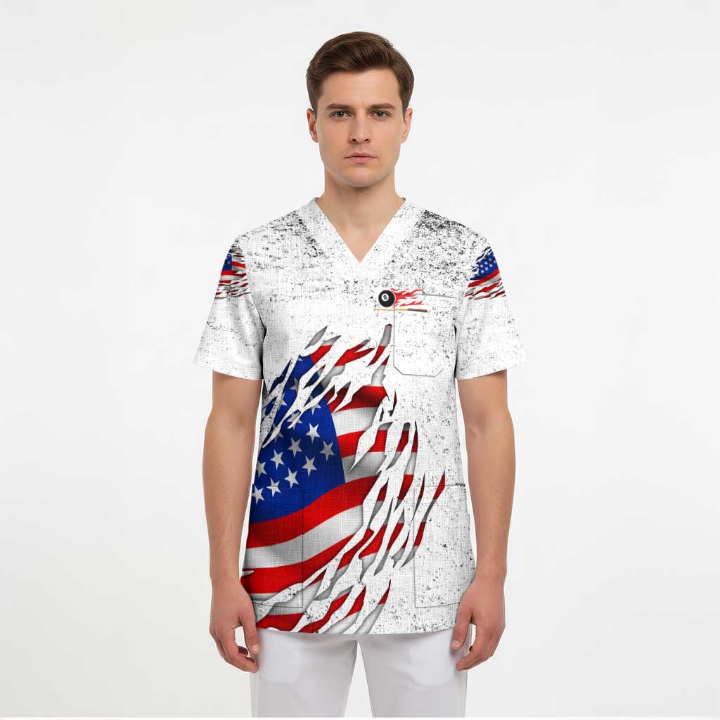 Custom American Flag Billiards Scrub Top with Ripped Design Pool Ball Graphic - Wonder Print Shop