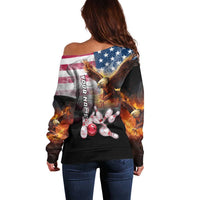 Custom Patriotic Eagle Bowling Off Shoulder Sweater with American Flag Strike Design - Wonder Print Shop