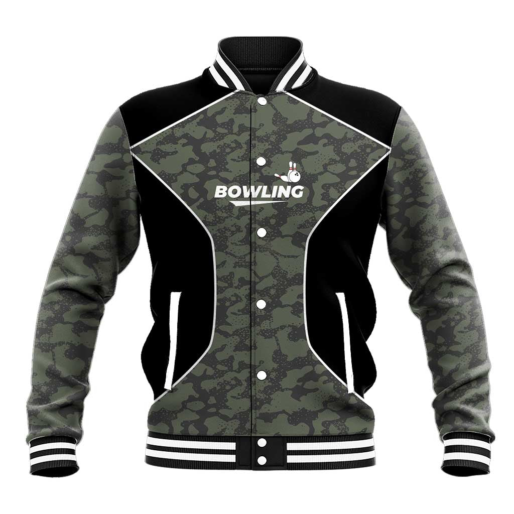 Custom Camouflage Bowling Baseball Jacket with Red Strike Ball Graphic - Wonder Print Shop