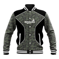 Custom Camouflage Bowling Baseball Jacket with Red Strike Ball Graphic - Wonder Print Shop