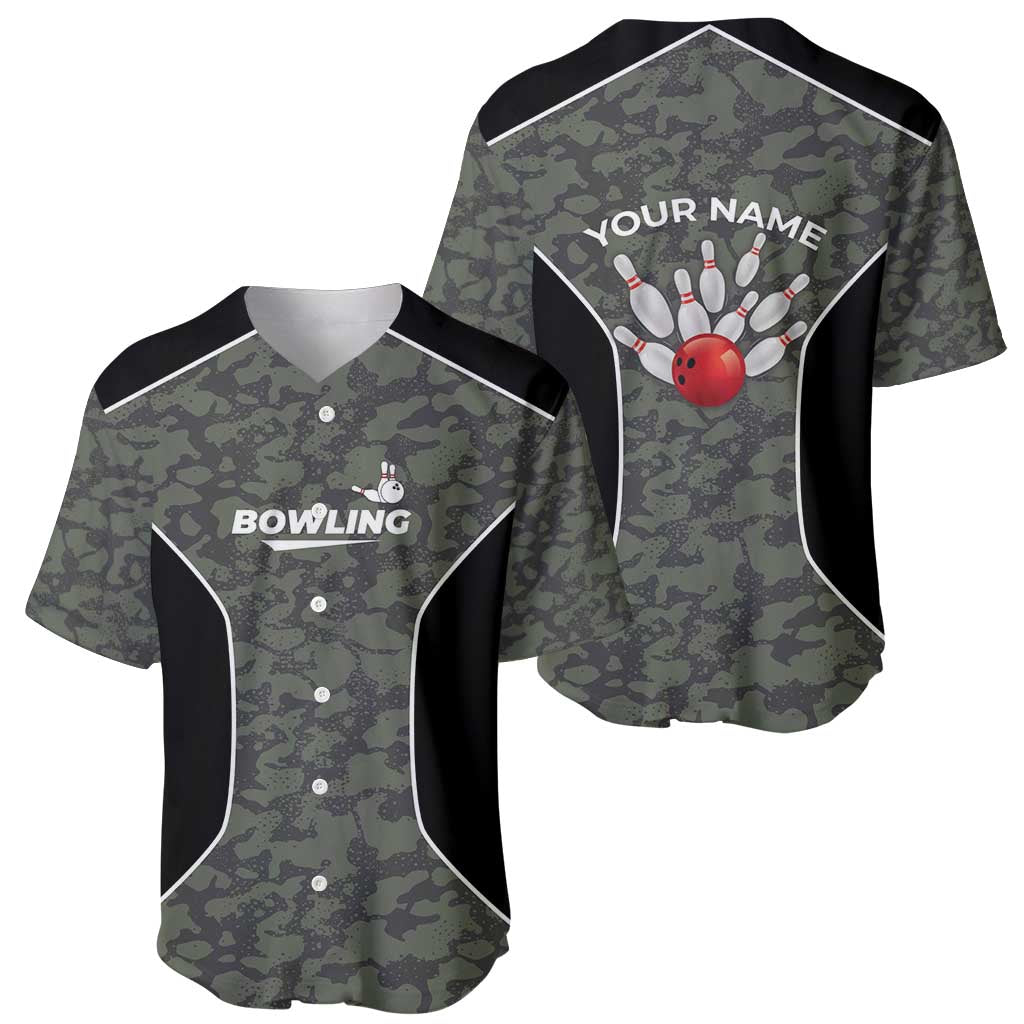 Custom Camouflage Bowling Baseball Jersey with Red Strike Ball Graphic - Wonder Print Shop