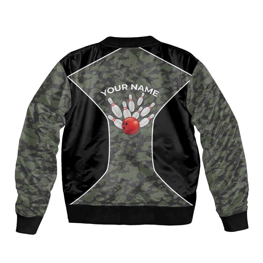 Custom Camouflage Bowling Bomber Jacket with Red Strike Ball Graphic - Wonder Print Shop