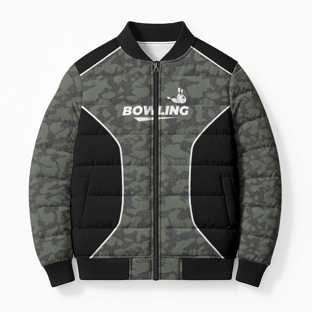 Custom Camouflage Bowling Bomber Puffer Jacket with Red Strike Ball Graphic - Wonder Print Shop
