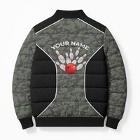 Custom Camouflage Bowling Bomber Puffer Jacket with Red Strike Ball Graphic - Wonder Print Shop