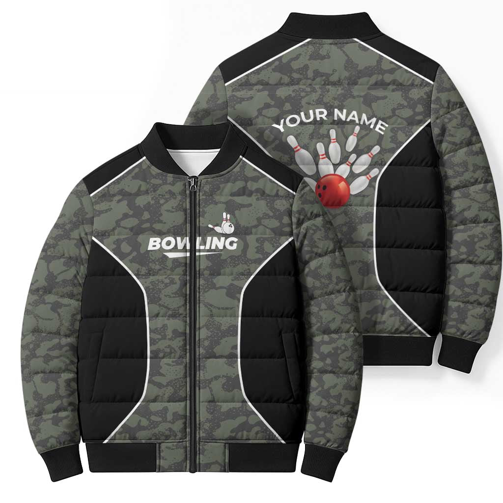 Custom Camouflage Bowling Bomber Puffer Jacket with Red Strike Ball Graphic - Wonder Print Shop