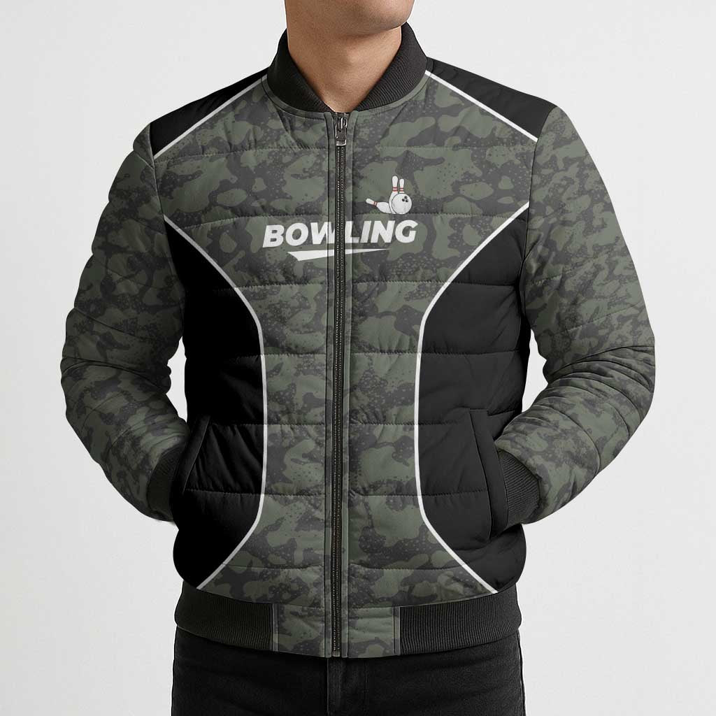 Custom Camouflage Bowling Bomber Puffer Jacket with Red Strike Ball Graphic - Wonder Print Shop