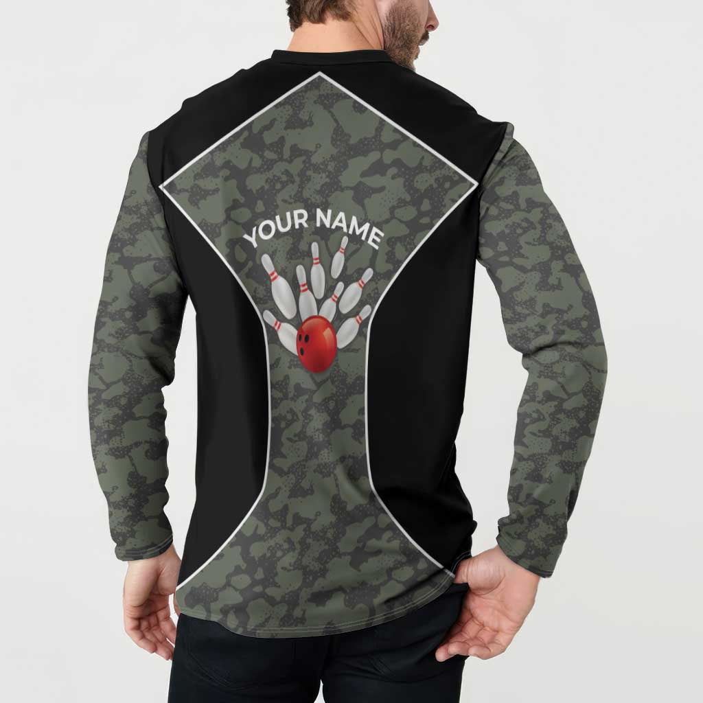 Custom Camouflage Bowling Button Sweatshirt with Red Strike Ball Graphic - Wonder Print Shop