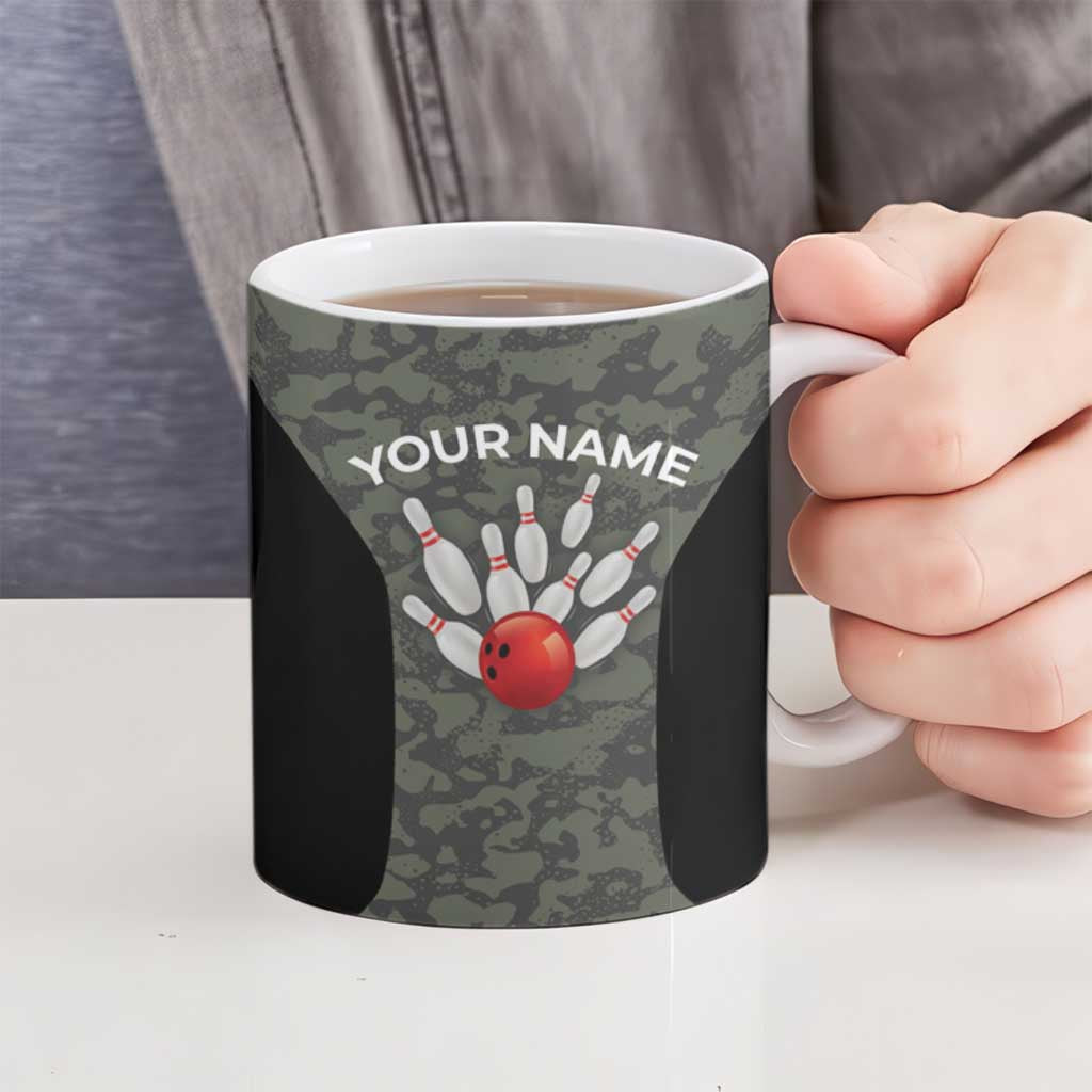Custom Camouflage Bowling Ceramic Mug with Red Strike Ball Graphic - Wonder Print Shop