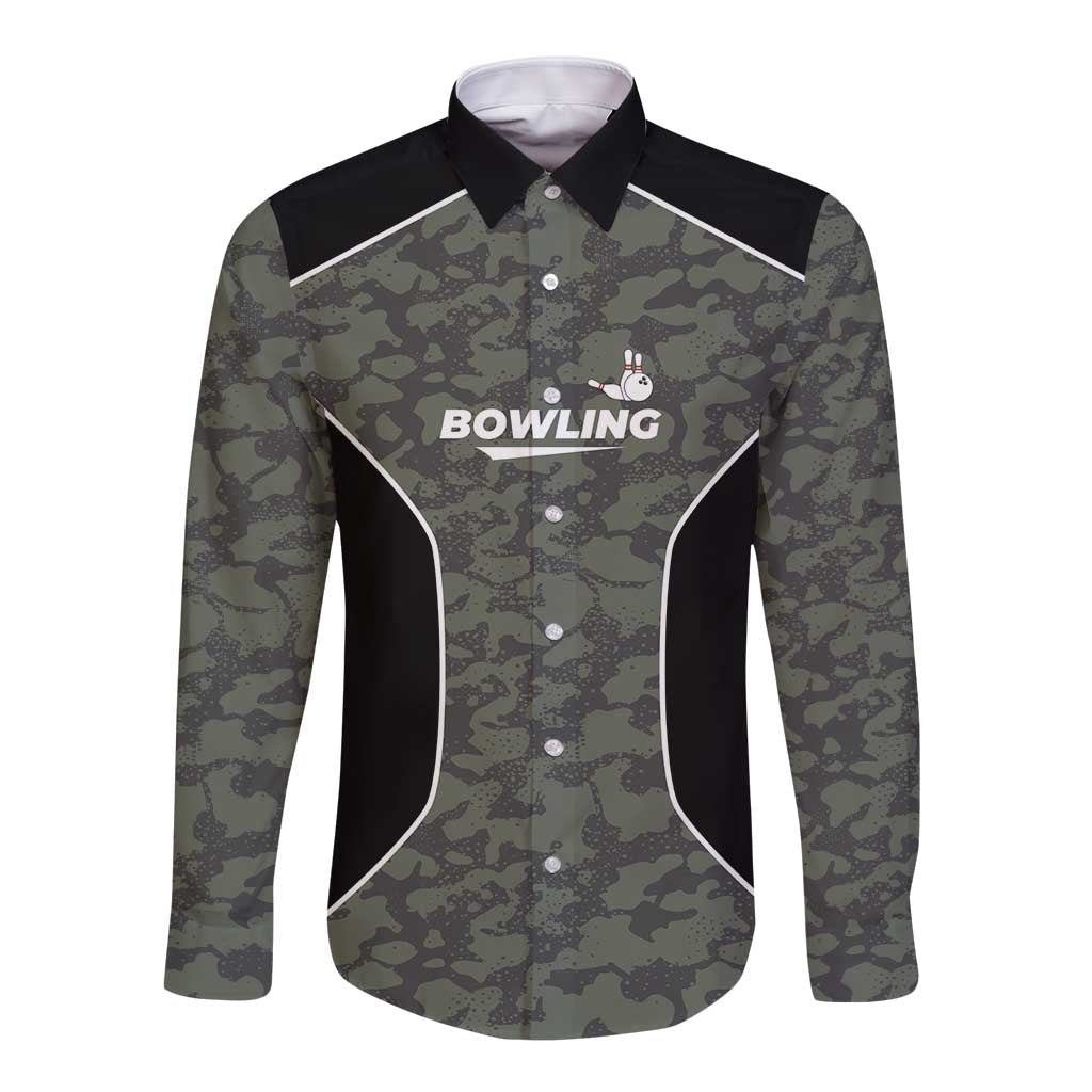 Custom Camouflage Bowling Long Sleeve Button Shirt with Red Strike Ball Graphic - Wonder Print Shop