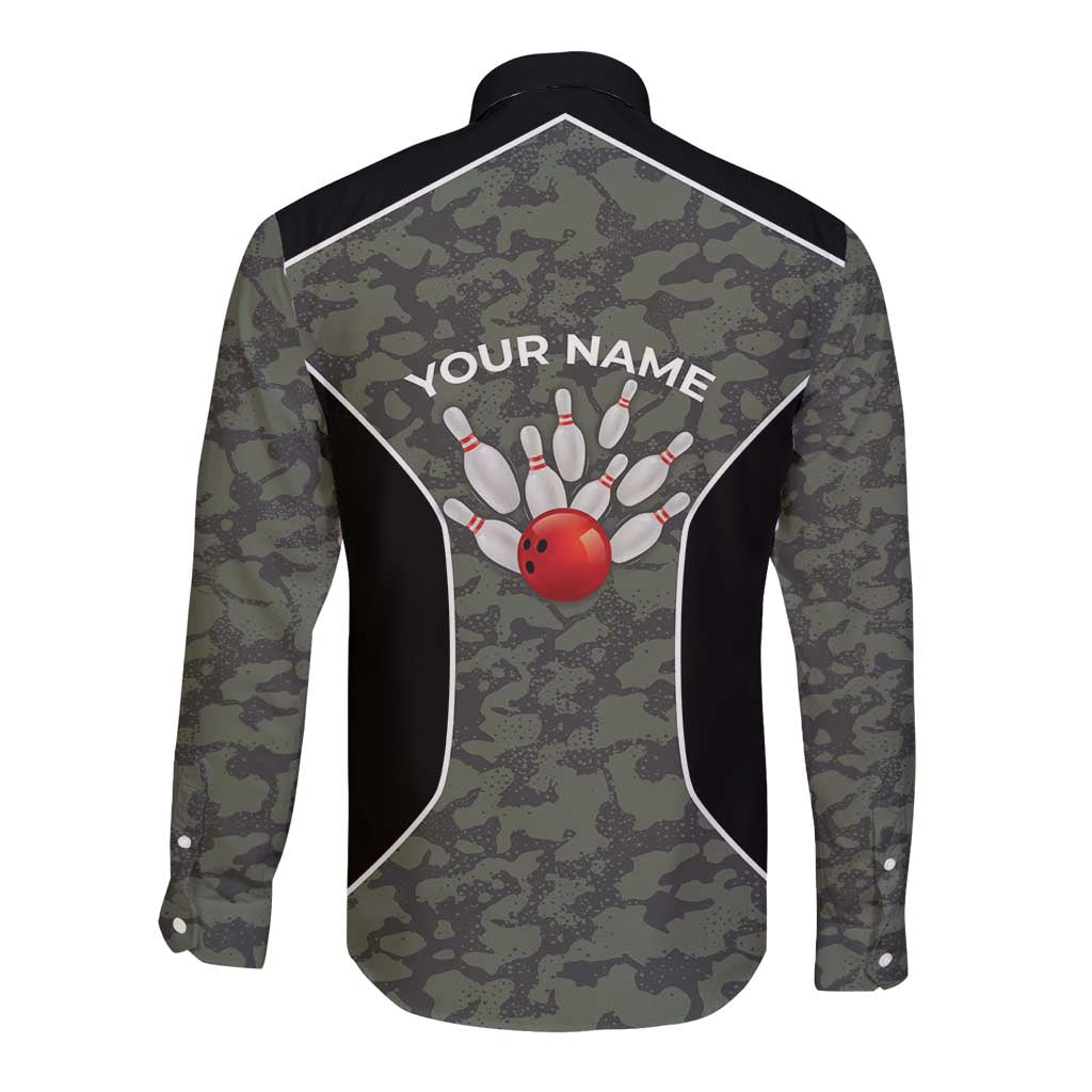 Custom Camouflage Bowling Long Sleeve Button Shirt with Red Strike Ball Graphic - Wonder Print Shop