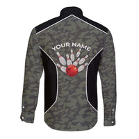 Custom Camouflage Bowling Long Sleeve Button Shirt with Red Strike Ball Graphic - Wonder Print Shop