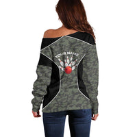 Custom Camouflage Bowling Off Shoulder Sweater with Red Strike Ball Graphic - Wonder Print Shop