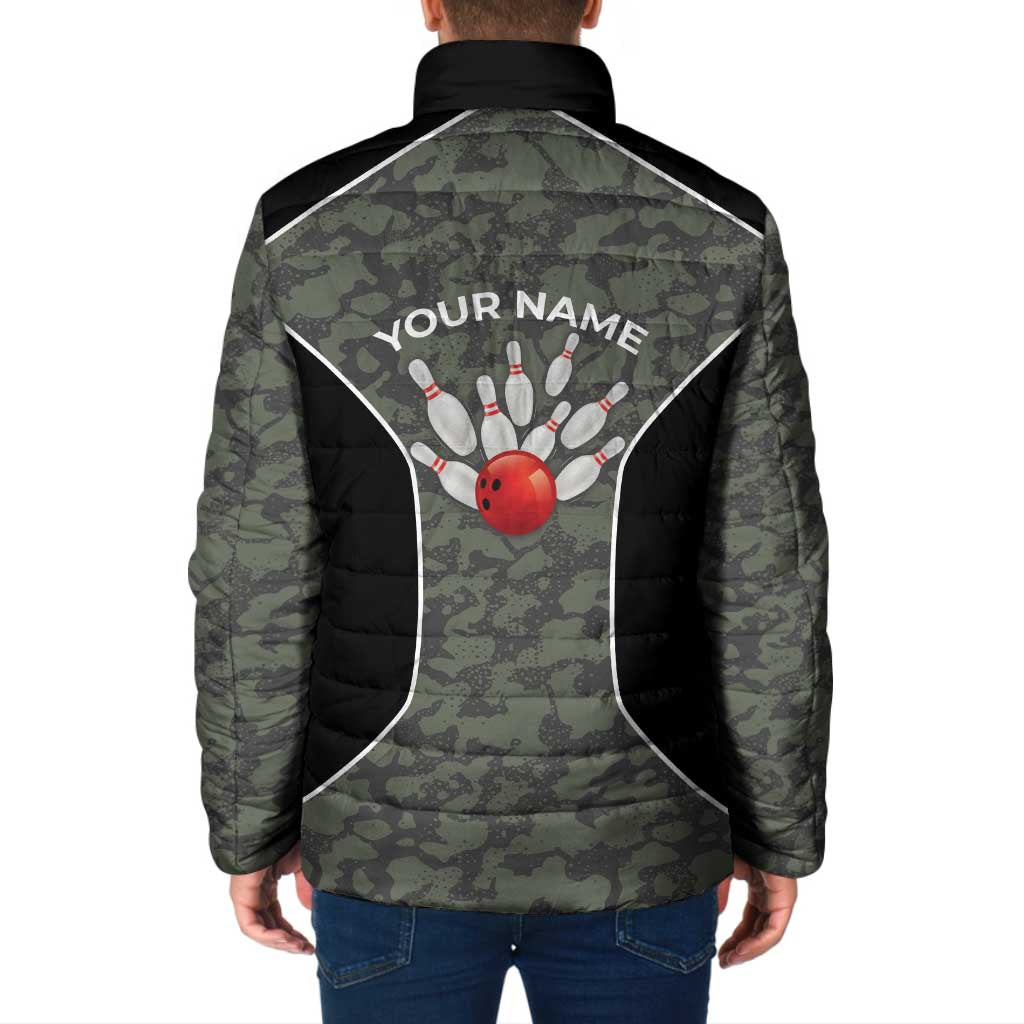 Custom Camouflage Bowling Padded Jacket with Red Strike Ball Graphic - Wonder Print Shop