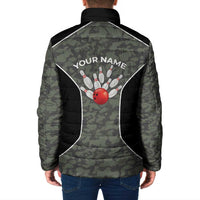 Custom Camouflage Bowling Padded Jacket with Red Strike Ball Graphic - Wonder Print Shop