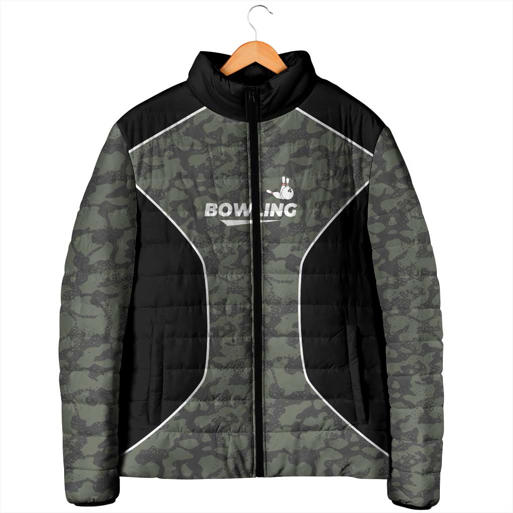 Custom Camouflage Bowling Padded Jacket with Red Strike Ball Graphic - Wonder Print Shop