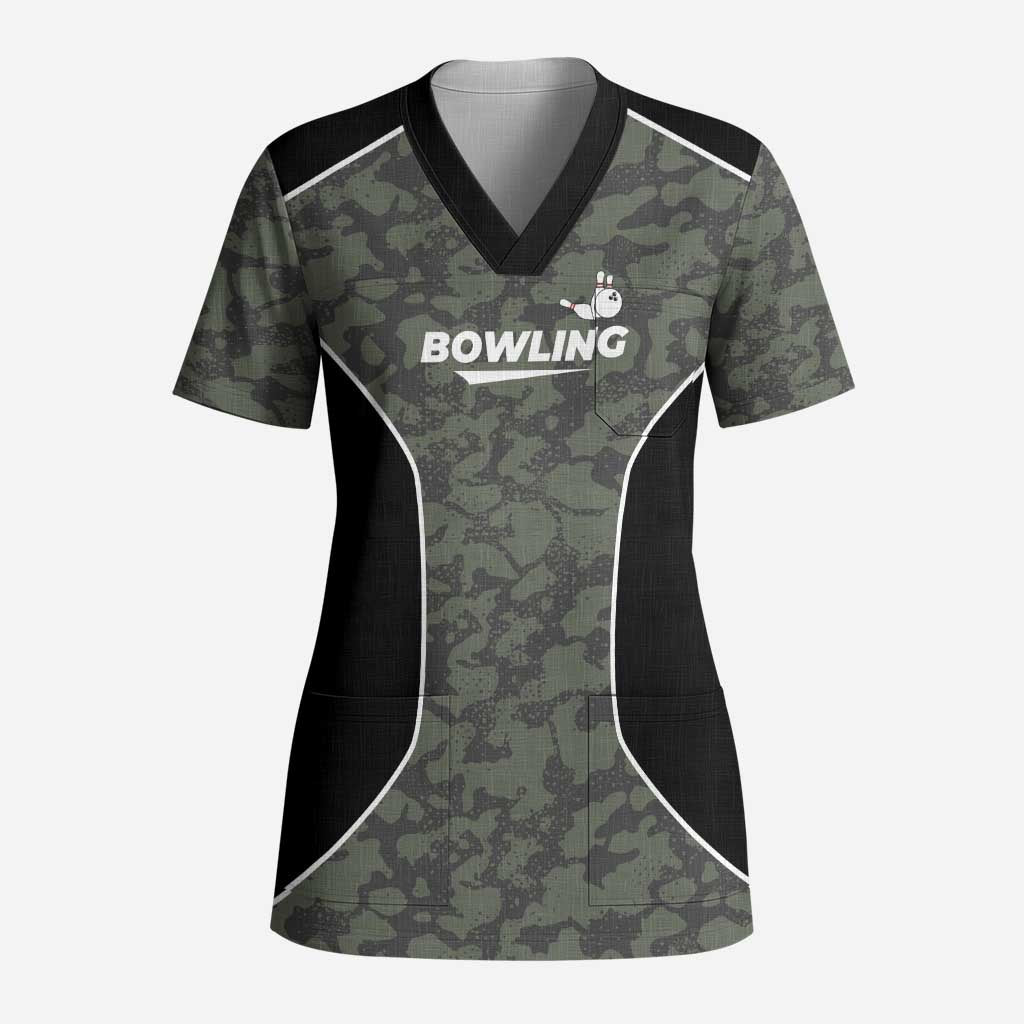 Custom Camouflage Bowling Scrub Top with Red Strike Ball Graphic - Wonder Print Shop