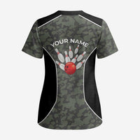 Custom Camouflage Bowling Scrub Top with Red Strike Ball Graphic - Wonder Print Shop