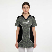 Custom Camouflage Bowling Scrub Top with Red Strike Ball Graphic - Wonder Print Shop
