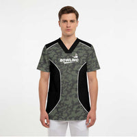 Custom Camouflage Bowling Scrub Top with Red Strike Ball Graphic - Wonder Print Shop