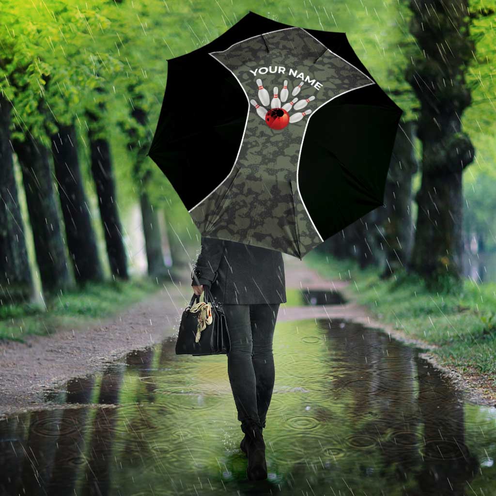 Custom Camouflage Bowling Umbrella with Red Strike Ball Graphic - Wonder Print Shop