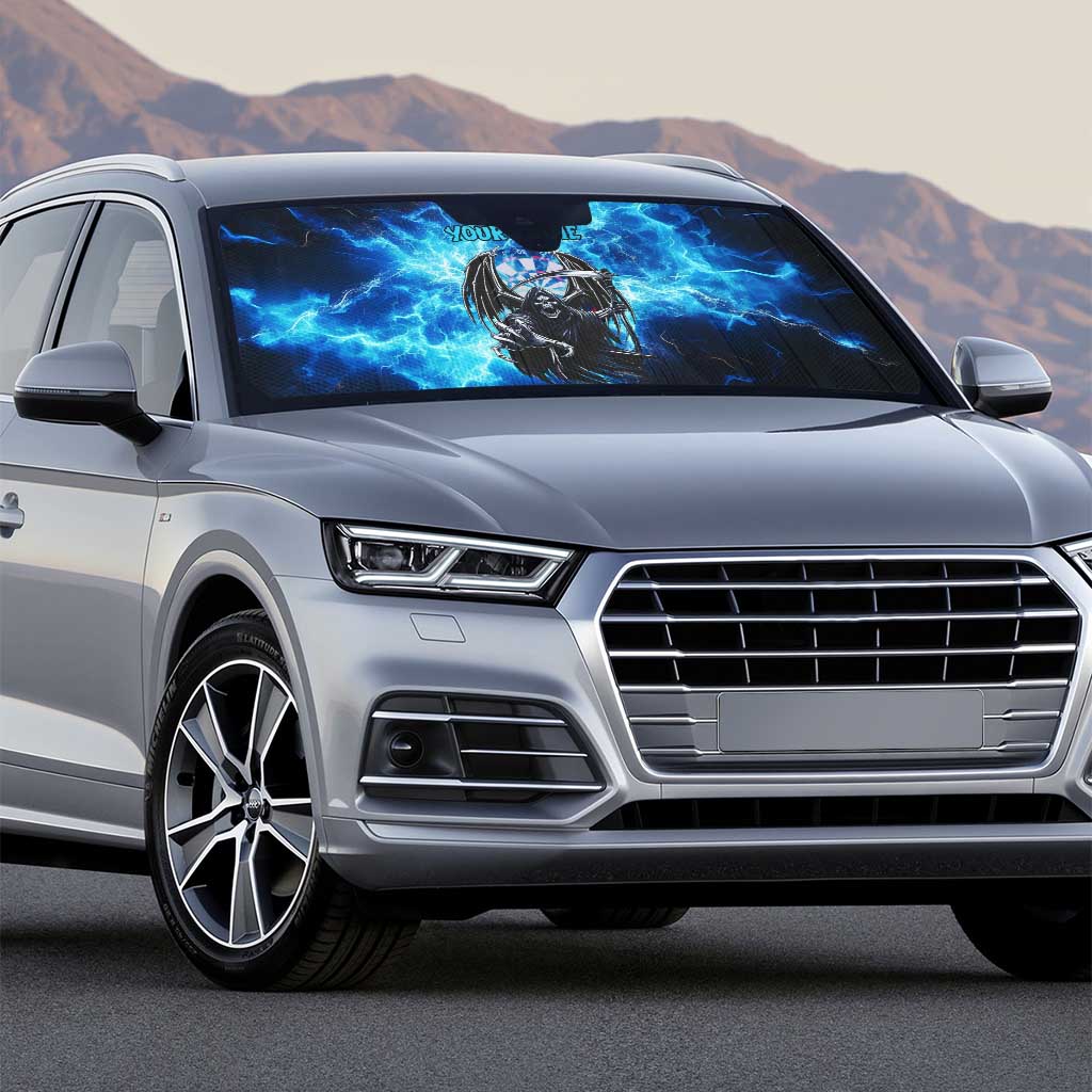 Custom Grim Reaper Bowling Auto Sun Shade with Blue Lightning Background - Wonder Print Shop