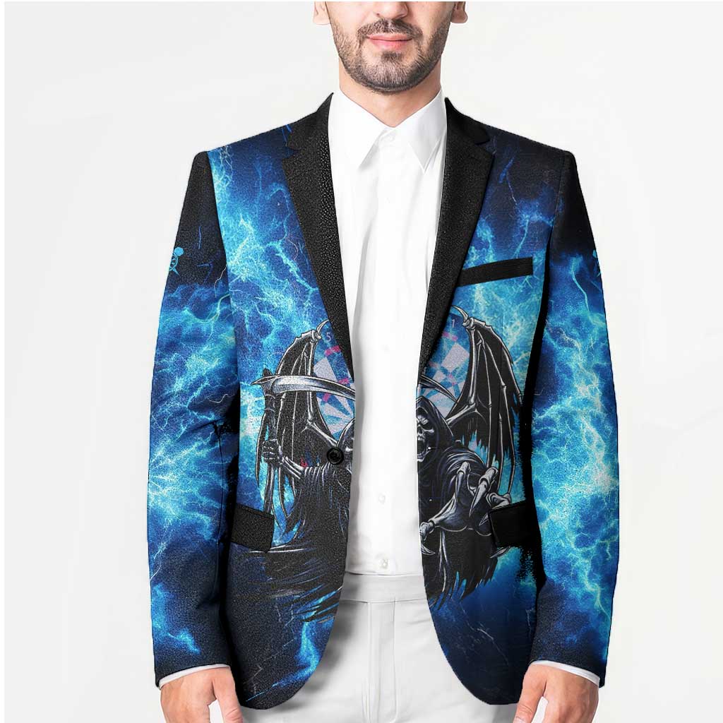 Custom Grim Reaper Bowling Blazer with Blue Lightning Background - Wonder Print Shop
