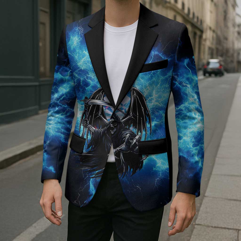 Custom Grim Reaper Bowling Blazer with Blue Lightning Background - Wonder Print Shop