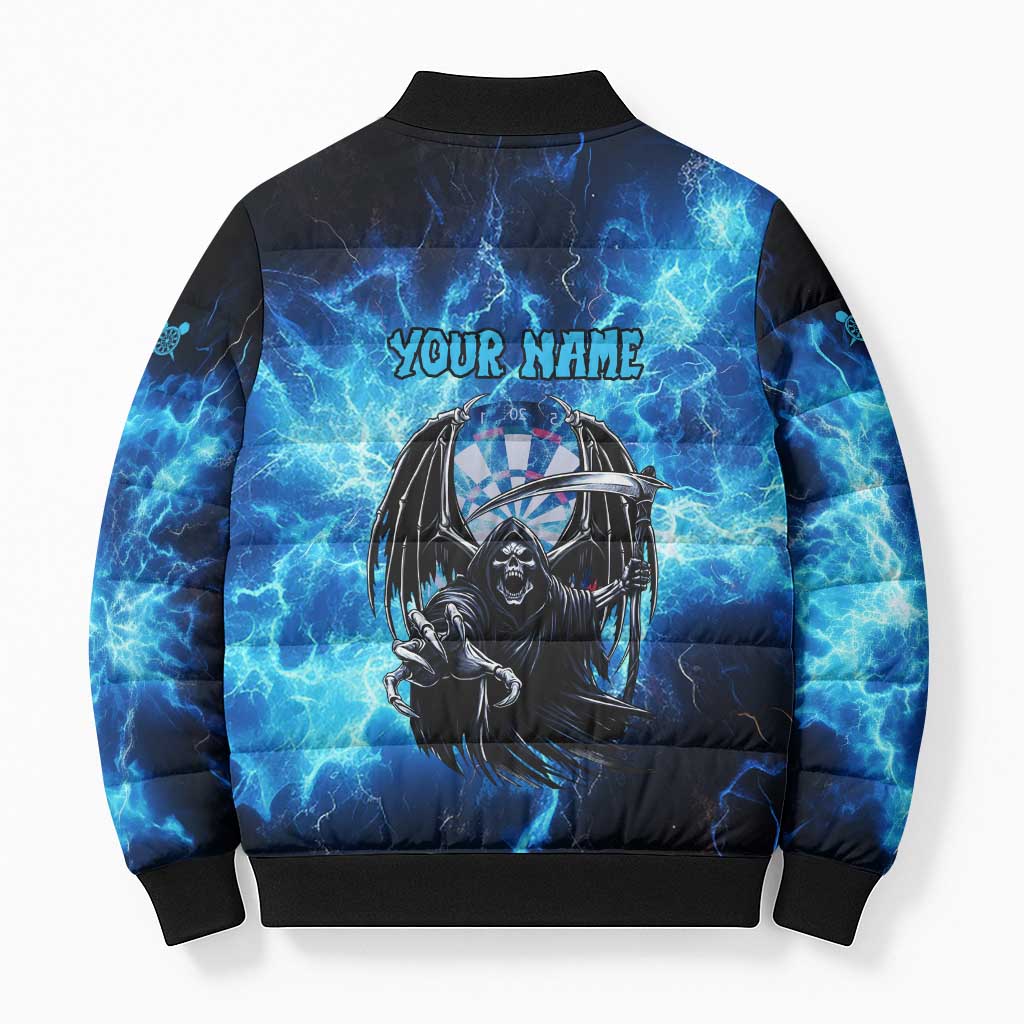 Custom Grim Reaper Bowling Bomber Puffer Jacket with Blue Lightning Background - Wonder Print Shop