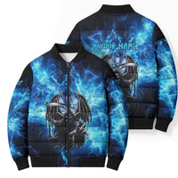 Custom Grim Reaper Bowling Bomber Puffer Jacket with Blue Lightning Background - Wonder Print Shop