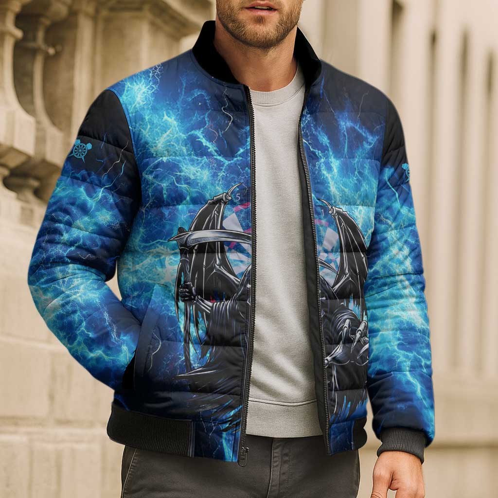 Custom Grim Reaper Bowling Bomber Puffer Jacket with Blue Lightning Background - Wonder Print Shop