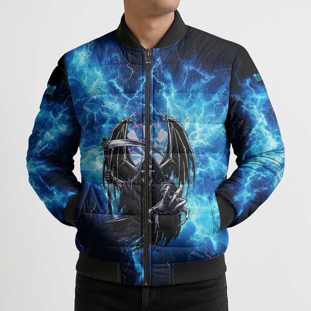 Custom Grim Reaper Bowling Bomber Puffer Jacket with Blue Lightning Background - Wonder Print Shop