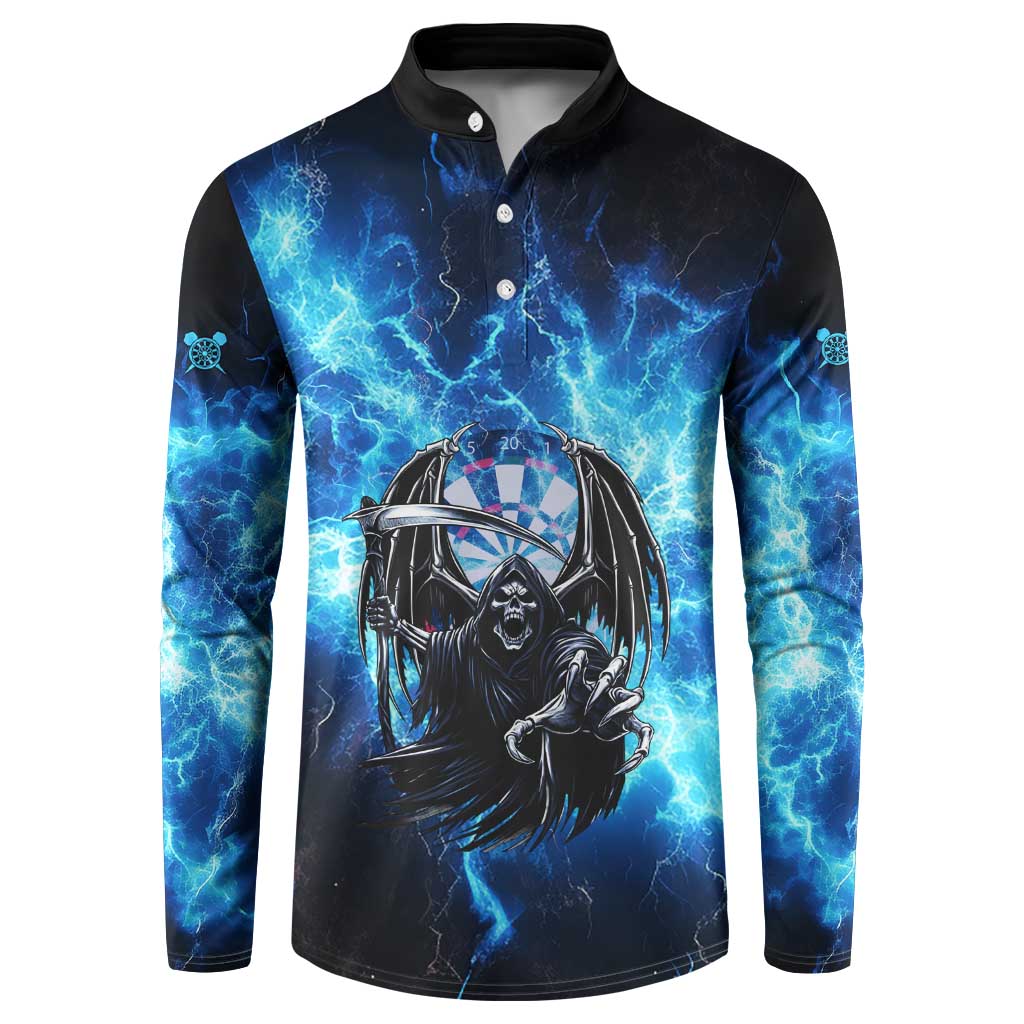 Custom Grim Reaper Bowling Button Sweatshirt with Blue Lightning Background - Wonder Print Shop