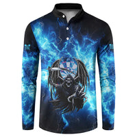 Custom Grim Reaper Bowling Button Sweatshirt with Blue Lightning Background - Wonder Print Shop