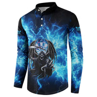 Custom Grim Reaper Bowling Button Sweatshirt with Blue Lightning Background - Wonder Print Shop