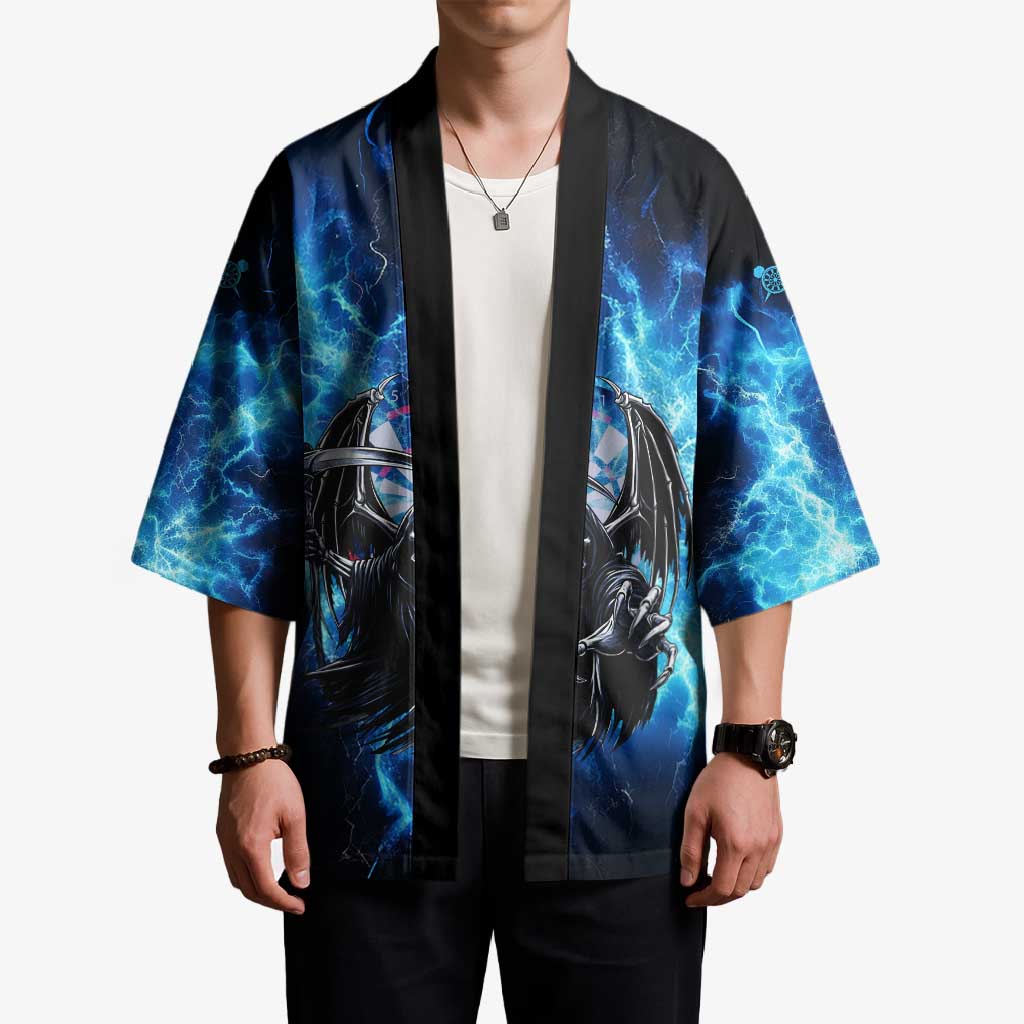 Custom Grim Reaper Bowling Kimono with Blue Lightning Background - Wonder Print Shop