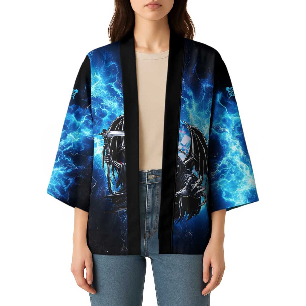 Custom Grim Reaper Bowling Kimono with Blue Lightning Background - Wonder Print Shop