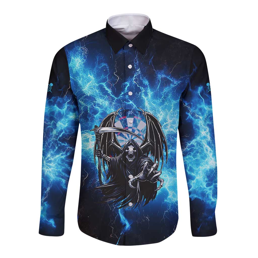 Custom Grim Reaper Bowling Long Sleeve Button Shirt with Blue Lightning Background - Wonder Print Shop