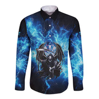 Custom Grim Reaper Bowling Long Sleeve Button Shirt with Blue Lightning Background - Wonder Print Shop