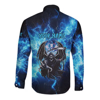 Custom Grim Reaper Bowling Long Sleeve Button Shirt with Blue Lightning Background - Wonder Print Shop