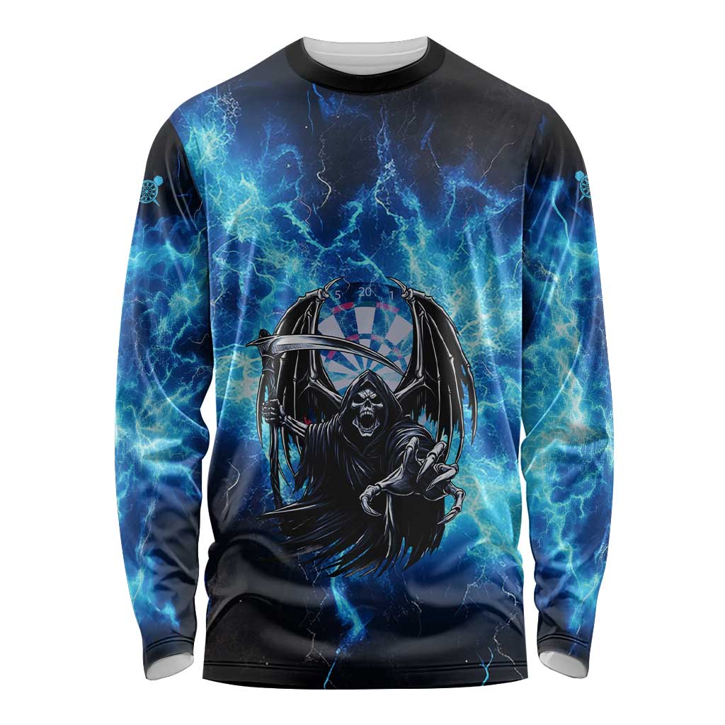 Custom Grim Reaper Bowling Long Sleeve Shirt with Blue Lightning Background - Wonder Print Shop