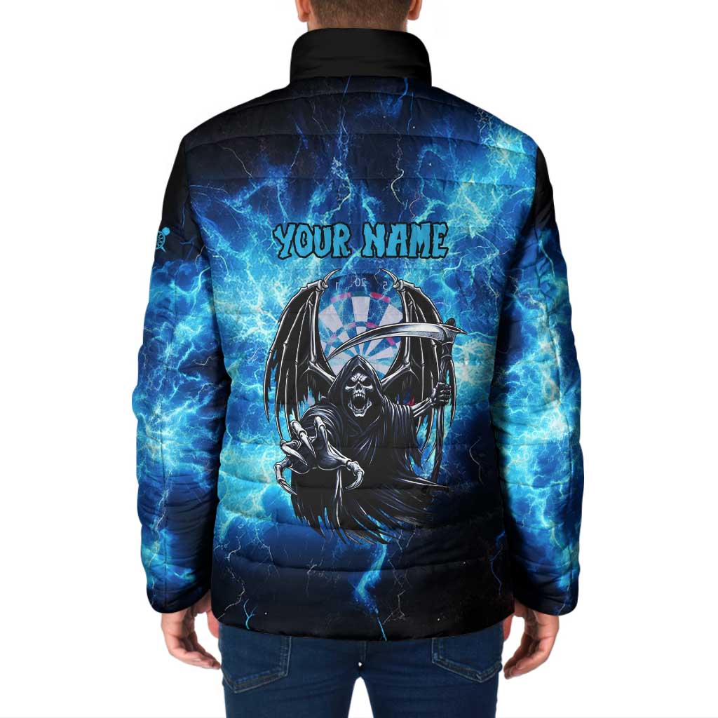 Custom Grim Reaper Bowling Padded Jacket with Blue Lightning Background - Wonder Print Shop