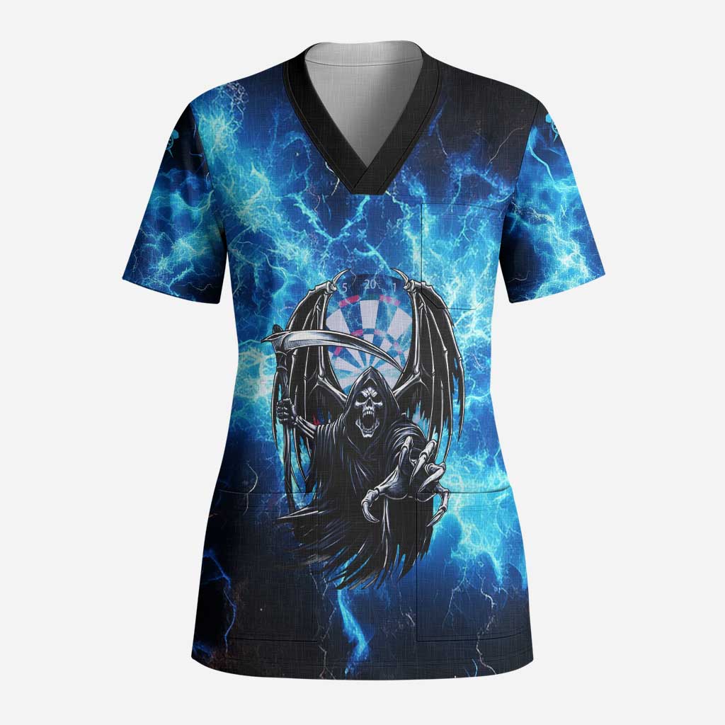 Custom Grim Reaper Bowling Scrub Top with Blue Lightning Background - Wonder Print Shop