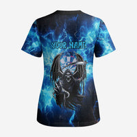 Custom Grim Reaper Bowling Scrub Top with Blue Lightning Background - Wonder Print Shop
