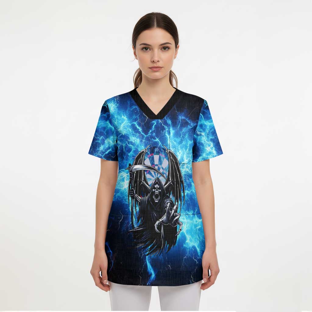 Custom Grim Reaper Bowling Scrub Top with Blue Lightning Background - Wonder Print Shop